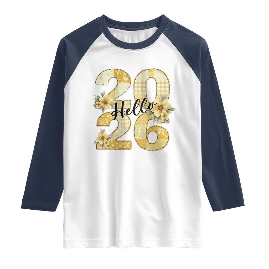 Hello New Year 2026 Vintage Floral Patchwork Quilt Raglan Shirt TS11 White Navy Print Your Wear