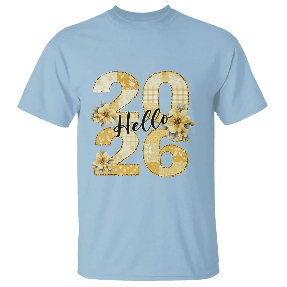 Hello New Year 2026 Vintage Floral Patchwork Quilt T Shirt TS11 Light Blue Print Your Wear