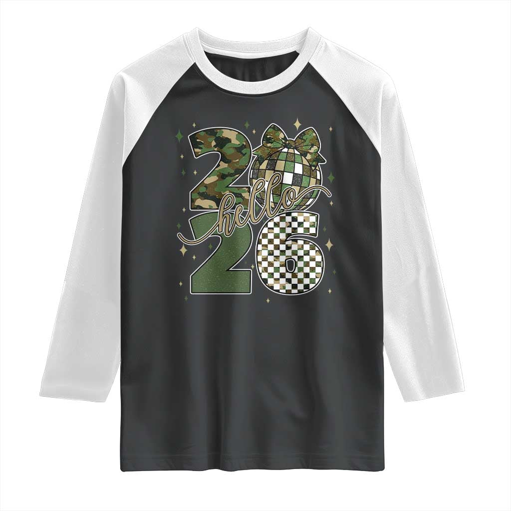 Camo Happy New Year Party 2026 Raglan Shirt Camouflage Disco Ball TS11 Black White Print Your Wear