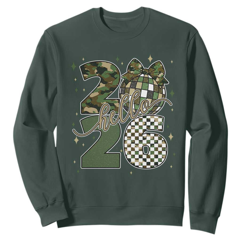 Camo Happy New Year Party 2026 Sweatshirt Camouflage Disco Ball TS11 Dark Forest Green Print Your Wear