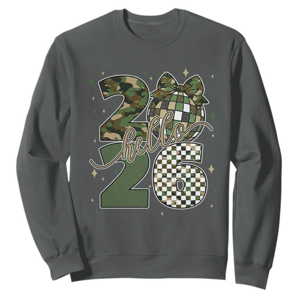 Camo Happy New Year Party 2026 Sweatshirt Camouflage Disco Ball TS11 Dark Heather Print Your Wear