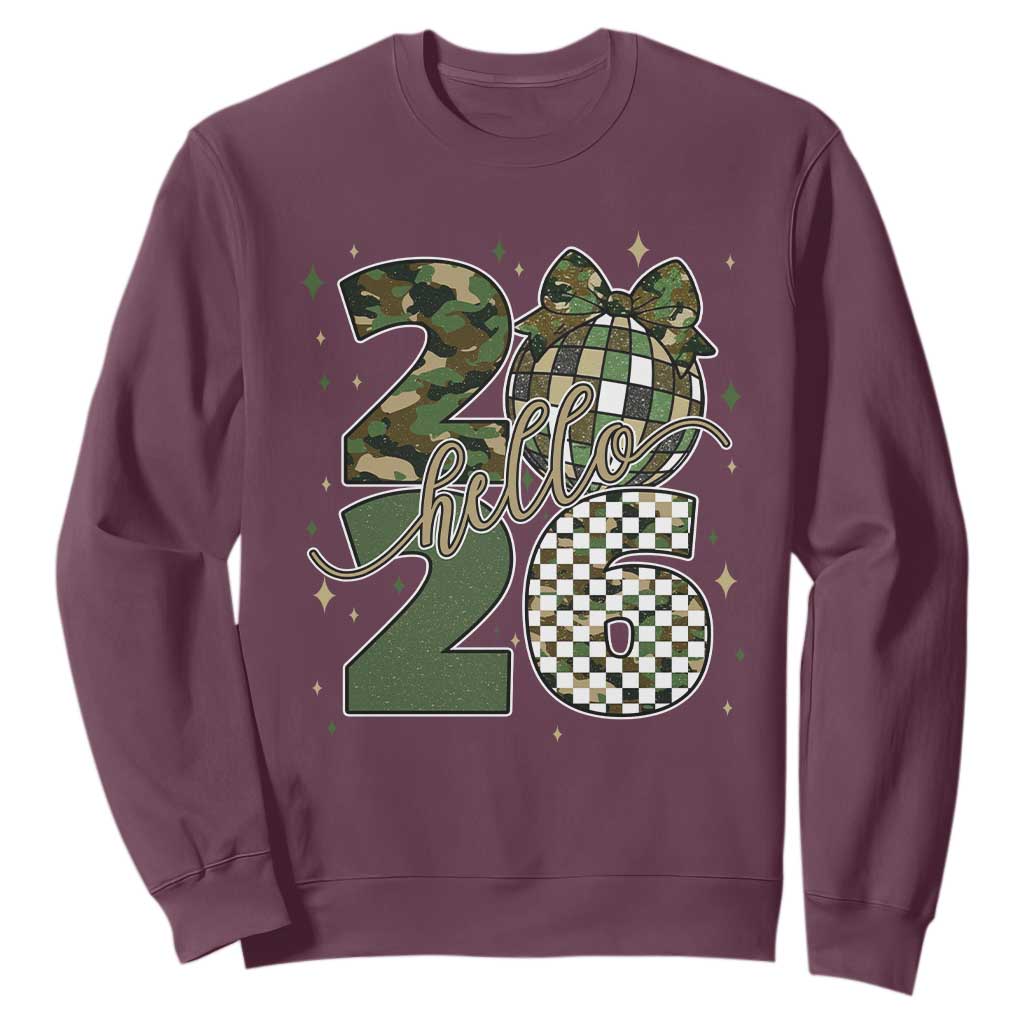 Camo Happy New Year Party 2026 Sweatshirt Camouflage Disco Ball TS11 Maroon Print Your Wear