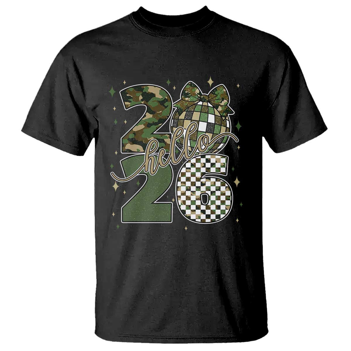 Camo Happy New Year Party 2026 T Shirt Camouflage Disco Ball TS11 Black Print Your Wear