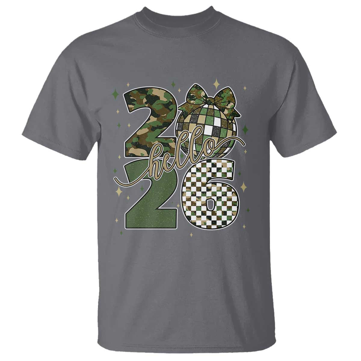 Camo Happy New Year Party 2026 T Shirt Camouflage Disco Ball TS11 Charcoal Print Your Wear