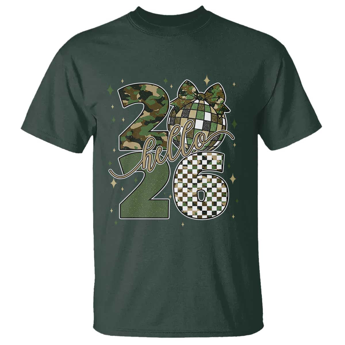 Camo Happy New Year Party 2026 T Shirt Camouflage Disco Ball TS11 Dark Forest Green Print Your Wear