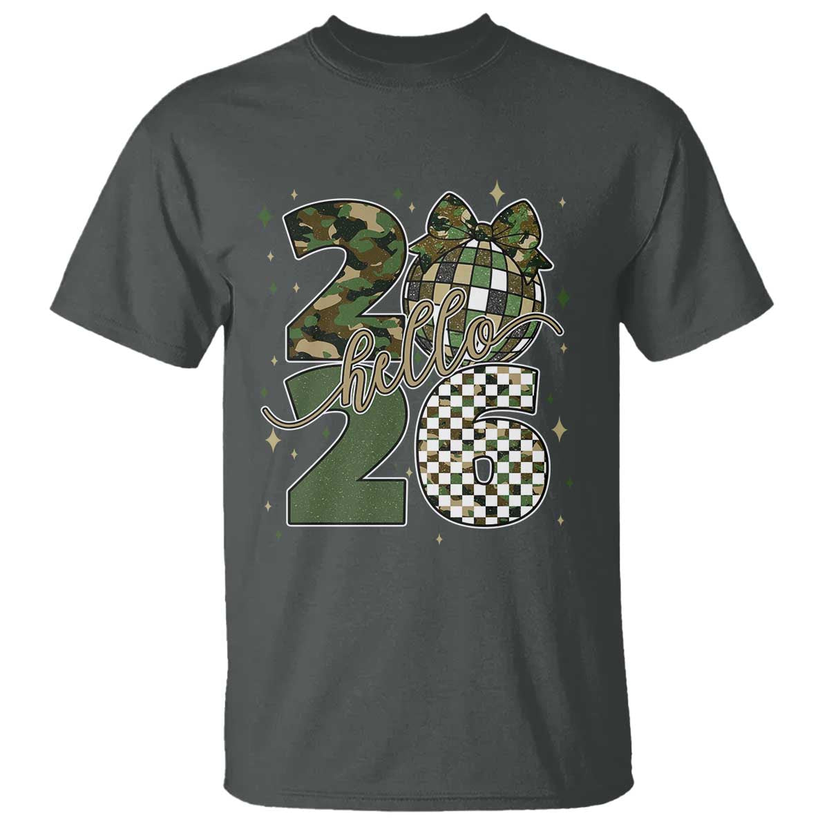 Camo Happy New Year Party 2026 T Shirt Camouflage Disco Ball TS11 Dark Heather Print Your Wear