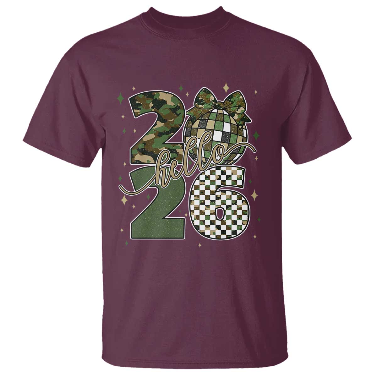 Camo Happy New Year Party 2026 T Shirt Camouflage Disco Ball TS11 Maroon Print Your Wear