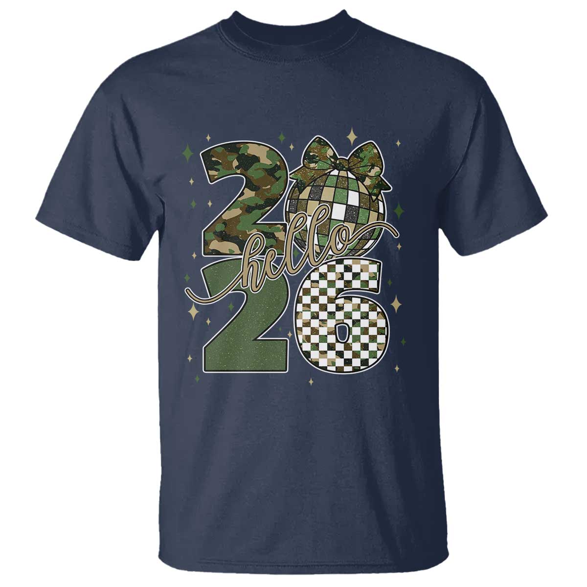 Camo Happy New Year Party 2026 T Shirt Camouflage Disco Ball TS11 Navy Print Your Wear