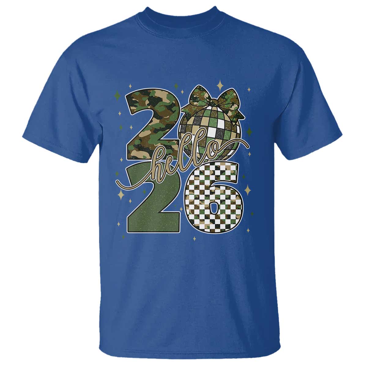 Camo Happy New Year Party 2026 T Shirt Camouflage Disco Ball TS11 Royal Blue Print Your Wear
