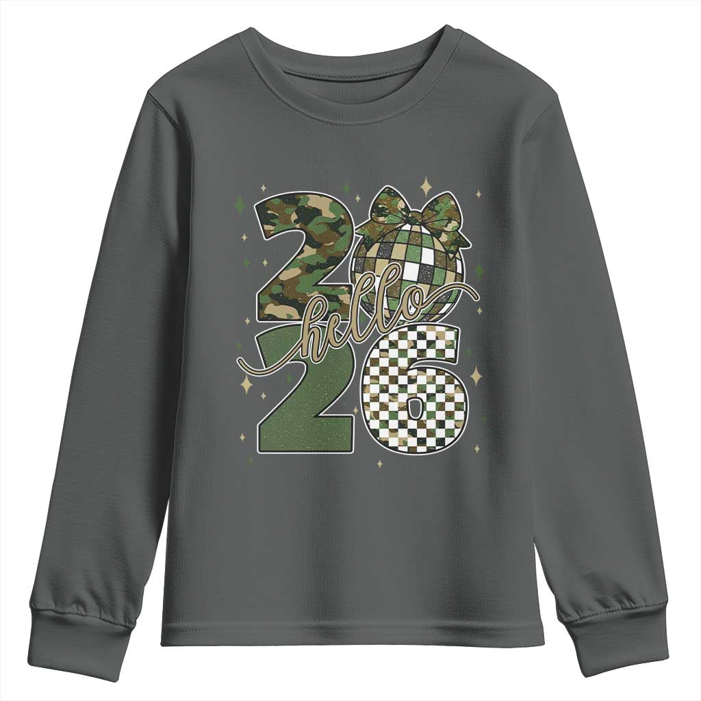 Camo Happy New Year Party 2026 Youth Sweatshirt Camouflage Disco Ball TS11 Dark Heather Print Your Wear
