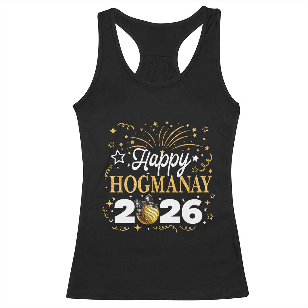 Scottish New Year 2026 Racerback Tank Top Happy Hogmanay NYE Party Faux Glitter Effect Printed TS11 Black Print Your Wear