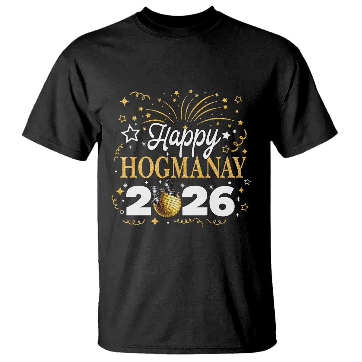 Scottish New Year 2026 T Shirt Happy Hogmanay NYE Party Faux Glitter Effect Printed TS11 Black Print Your Wear