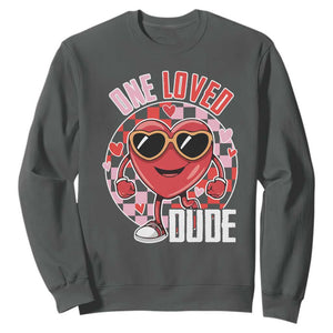 Funny Valentine's Day Sweatshirt One Loved Dude Cute Heart Checkerboard TS11 Dark Heather Print Your Wear