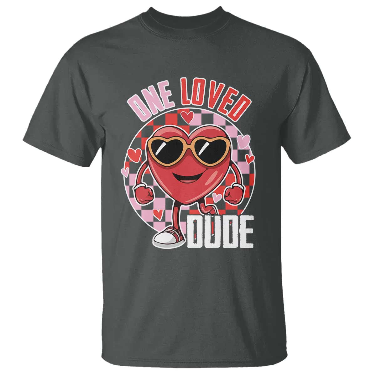 Funny Valentine's Day T Shirt One Loved Dude Cute Heart Checkerboard TS11 Dark Heather Print Your Wear