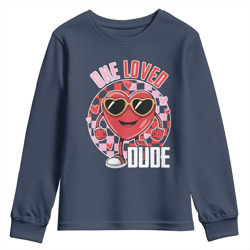 Funny Valentine's Day Youth Sweatshirt One Loved Dude Cute Heart Checkerboard TS11 Navy Print Your Wear