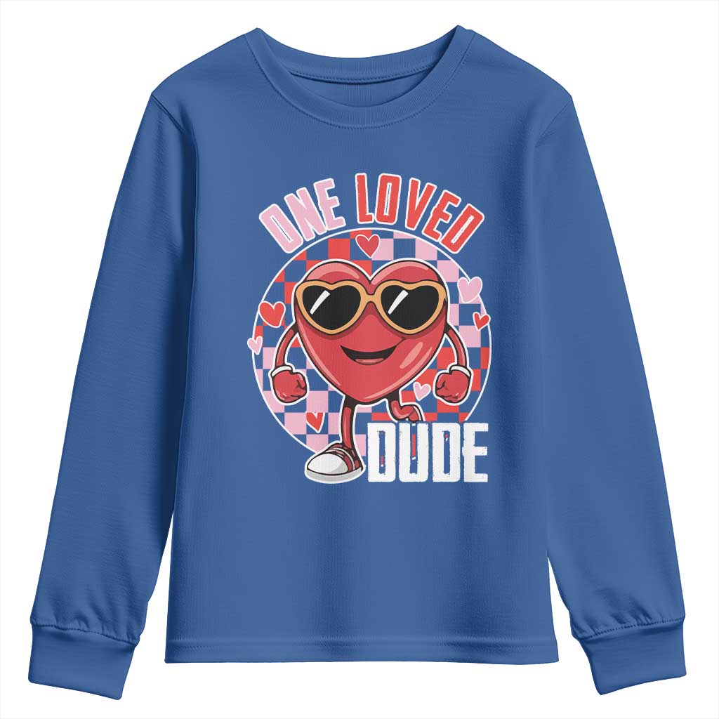 Funny Valentine's Day Youth Sweatshirt One Loved Dude Cute Heart Checkerboard TS11 Royal Blue Print Your Wear
