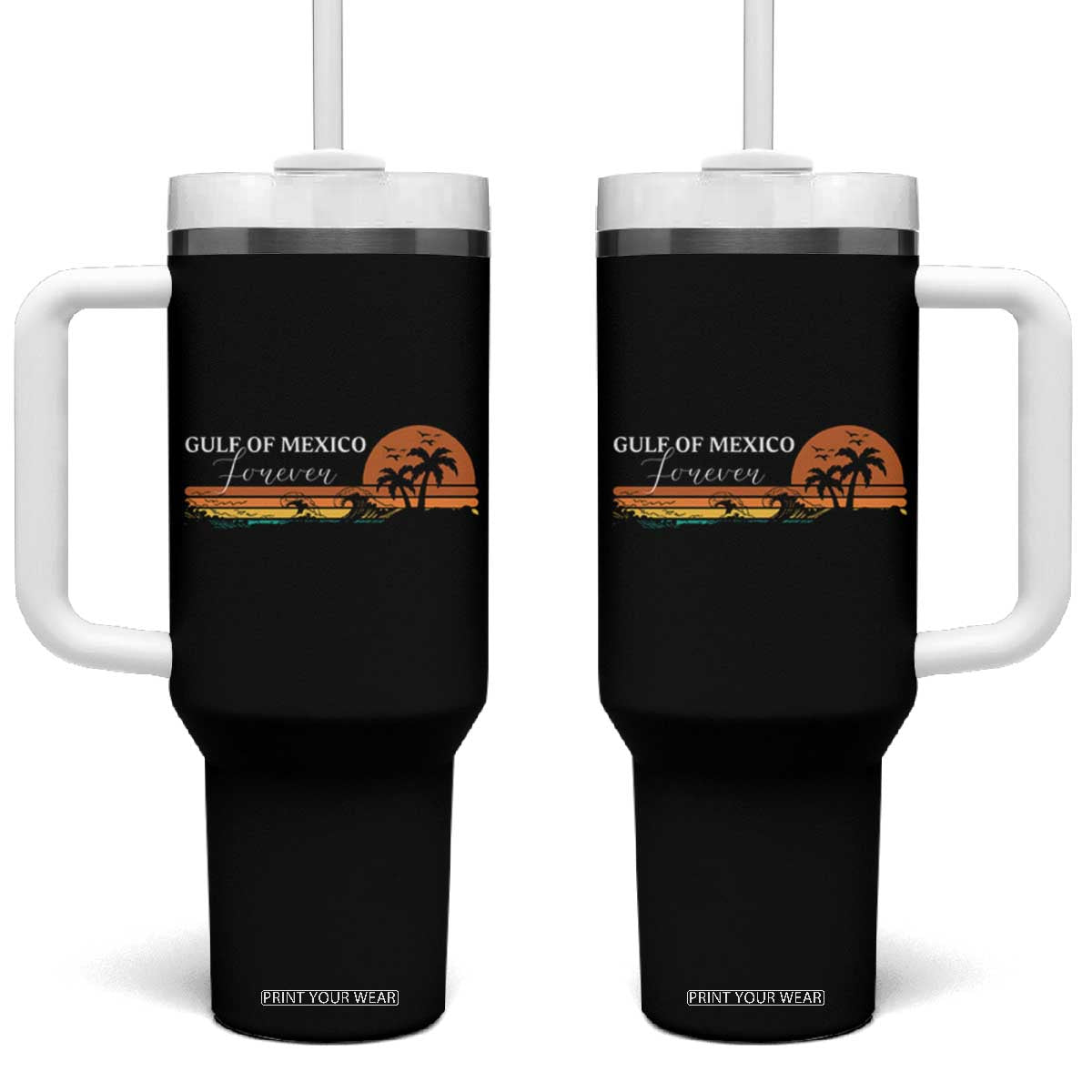 Gulf Of Mexico Forever Tumbler With Handle Beach Palm Treen Vintage Retro TS11 One Size: 40 oz Black Print Your Wear