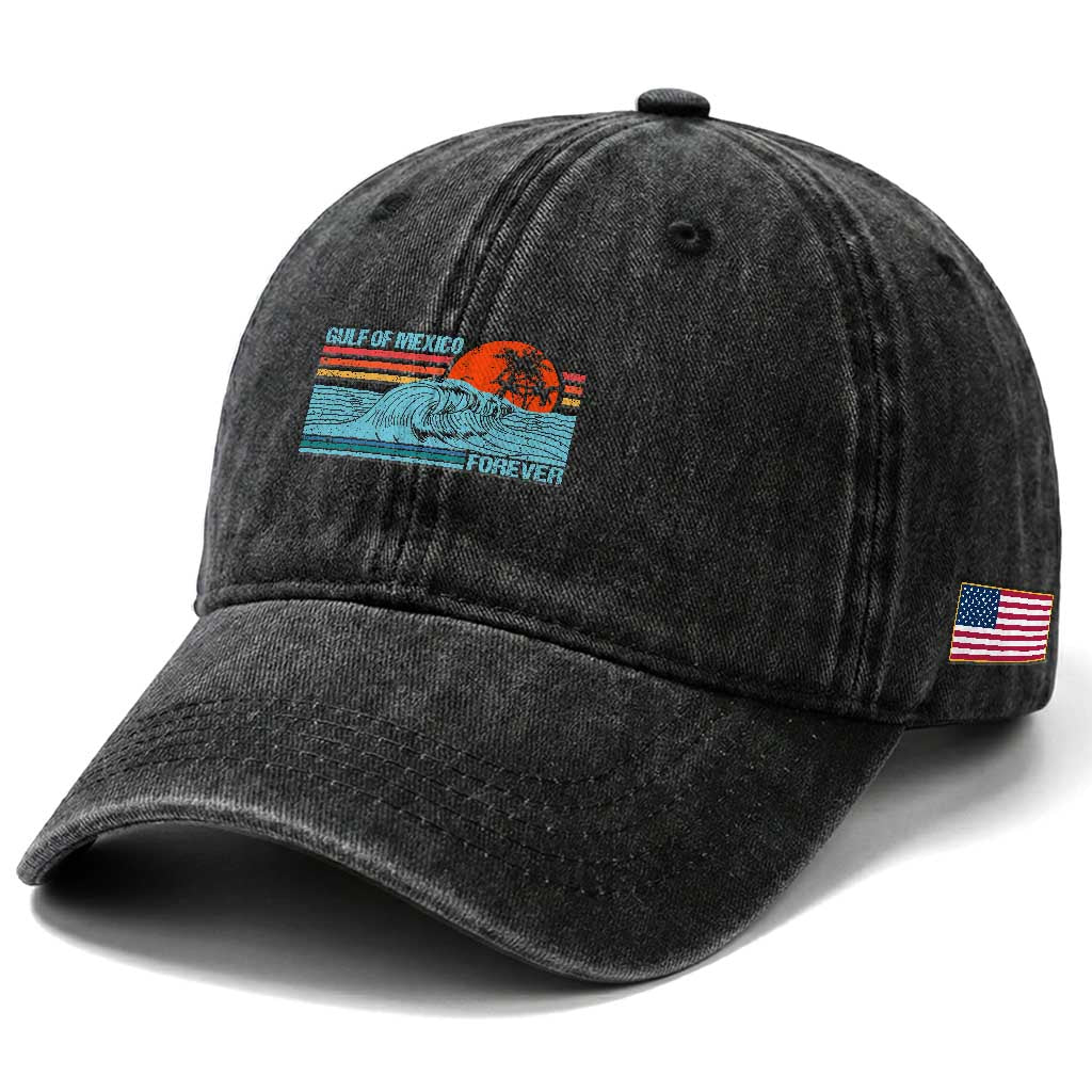 Gulf Of Mexico Forever Washed Cotton Baseball Cap Vintage Retro Beach Coconut Tree TS11 Print Your Wear