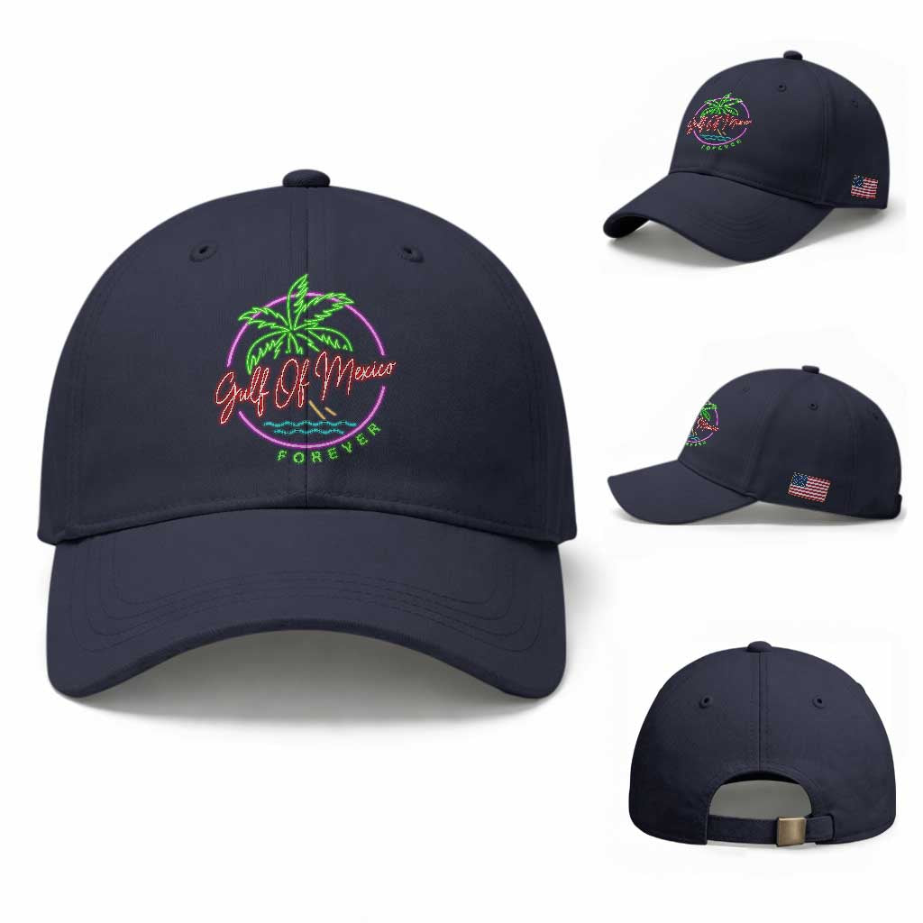 Gulf Of Mexico Forever Baseball Cap Beach Coconut Palm Tree Neon Light TS11 Baseball Cap Universal Fit Navy Print Your Wear