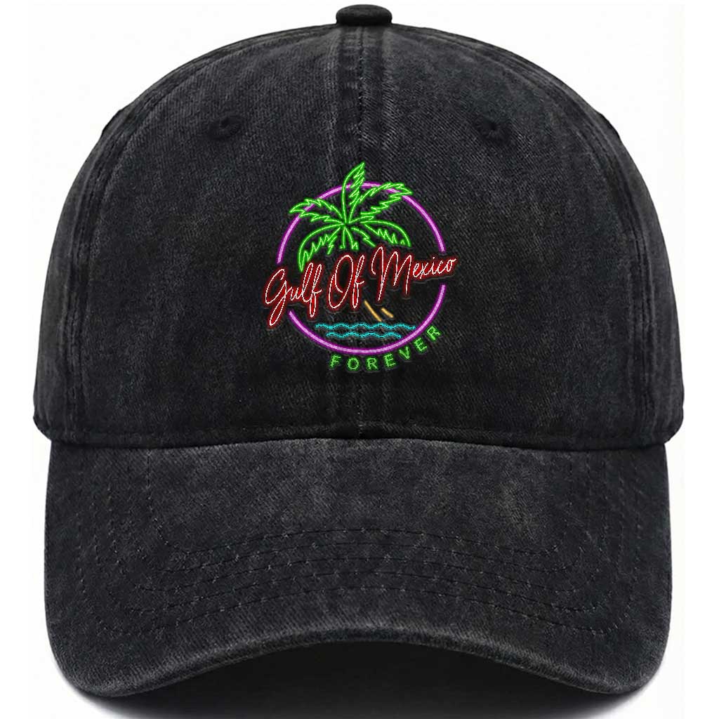 Gulf Of Mexico Forever Washed Cotton Baseball Cap Beach Coconut Palm Tree Neon Light TS11 Print Your Wear