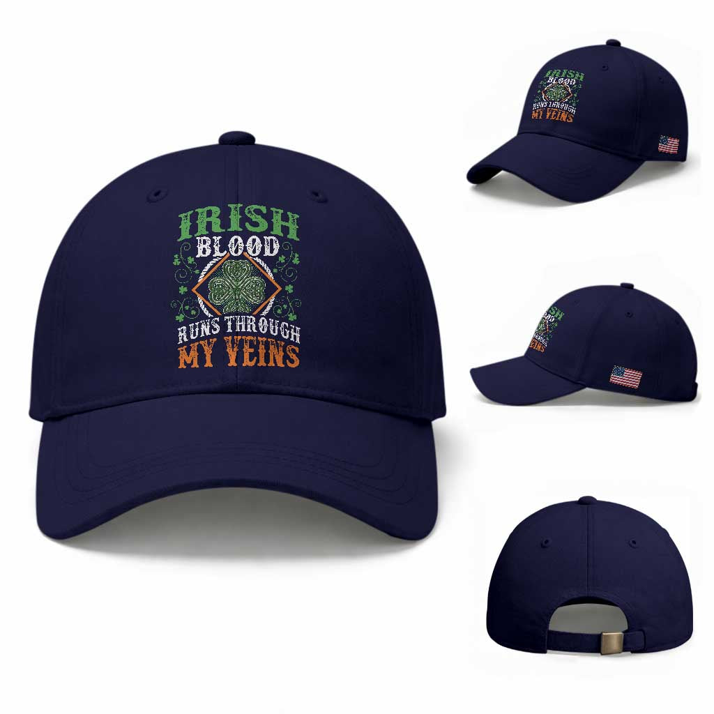 Funny Irish Blood Runs Through My Veins Baseball Cap Irish Pride Shamrock TS11 Baseball Cap Universal Fit Dark Blue Print Your Wear