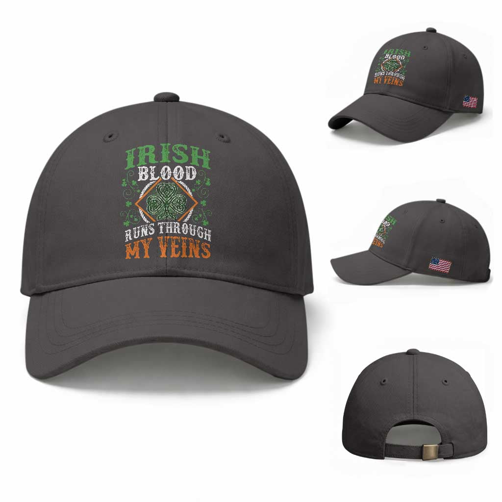 Funny Irish Blood Runs Through My Veins Baseball Cap Irish Pride Shamrock TS11 Baseball Cap Universal Fit Dark Gray Print Your Wear