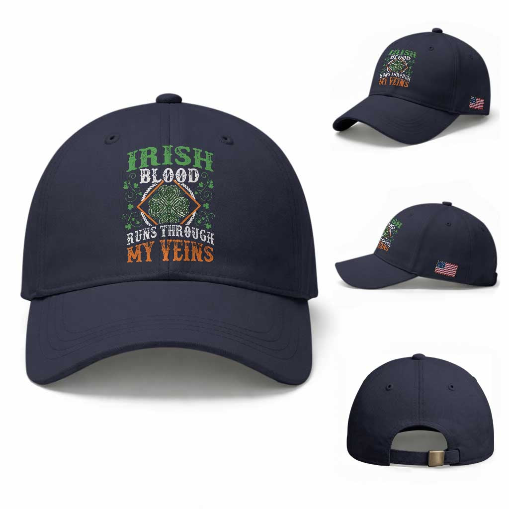 Funny Irish Blood Runs Through My Veins Baseball Cap Irish Pride Shamrock TS11 Baseball Cap Universal Fit Navy Print Your Wear
