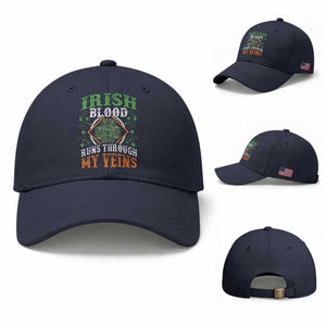Funny Irish Blood Runs Through My Veins Baseball Cap Irish Pride Shamrock TS11 Baseball Cap Universal Fit Navy Print Your Wear