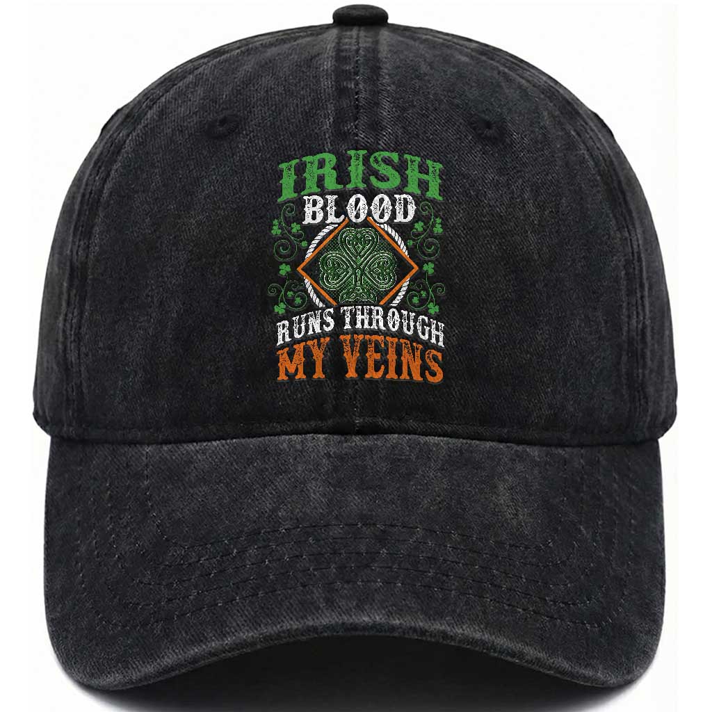Funny Irish Blood Runs Through My Veins Washed Cotton Baseball Cap Irish Pride Shamrock TS11 Print Your Wear