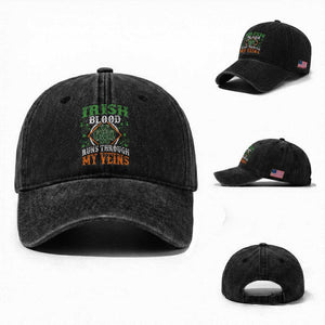 Funny Irish Blood Runs Through My Veins Washed Cotton Baseball Cap Irish Pride Shamrock TS11 Washed Cap Universal Fit Black Print Your Wear