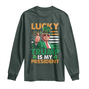 Funny Trump St Patrick's Day Long Sleeve Shirt Lucky Trump Is My President American Ireland Flag TS11 Dark Forest Green Print Your Wear