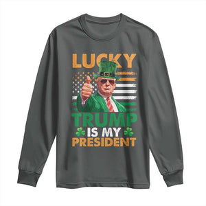 Funny Trump St Patrick's Day Long Sleeve Shirt Lucky Trump Is My President American Ireland Flag TS11 Dark Heather Print Your Wear