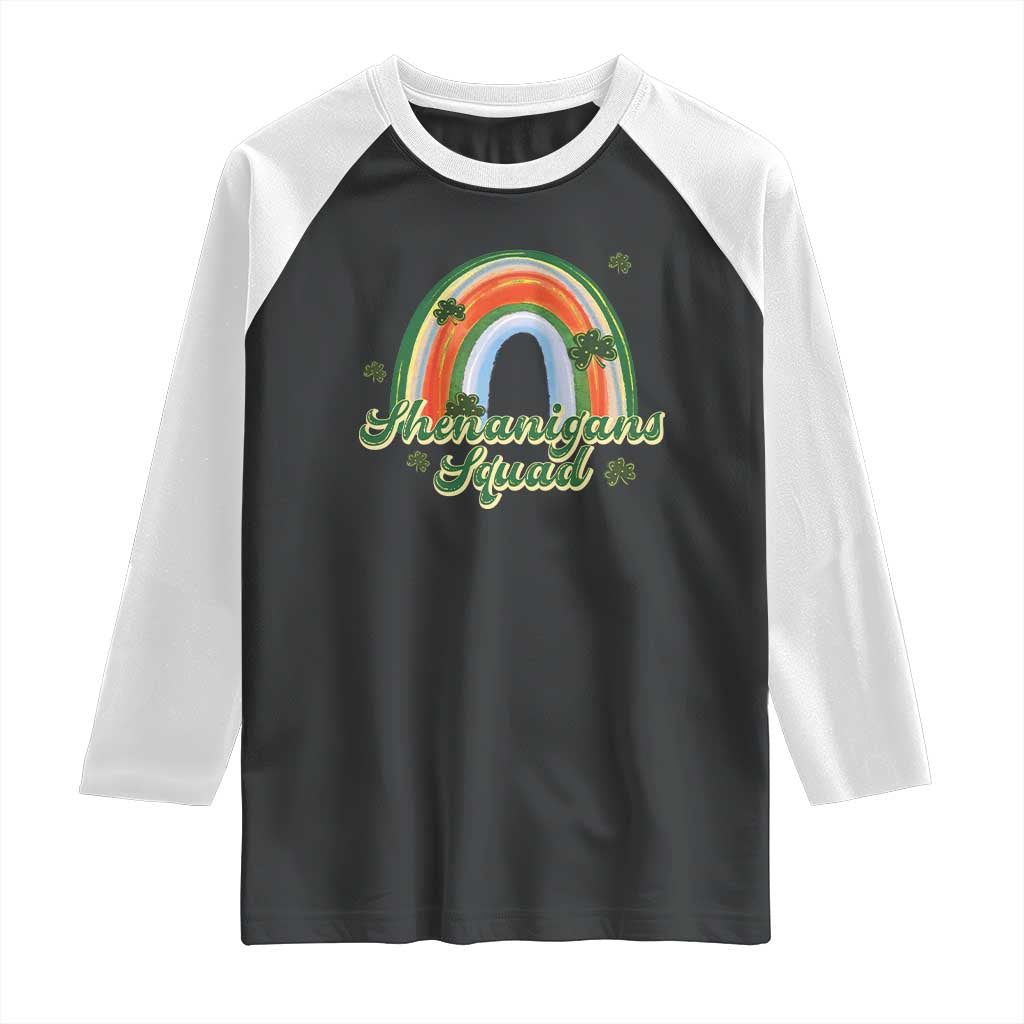 Funny St Patrick's Day Shenanigans Squad Raglan Shirt Rainbow Shamrock TS11 Black White Print Your Wear