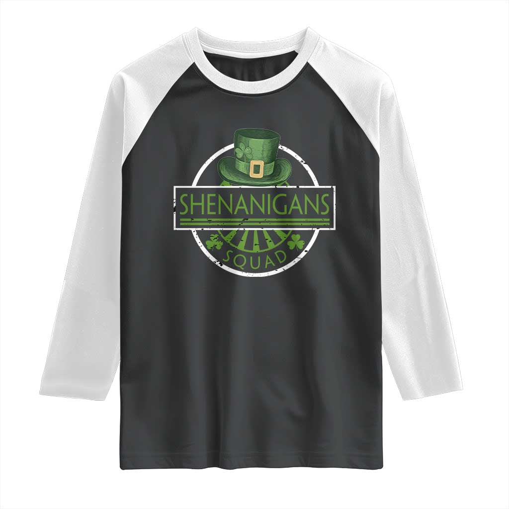 Funny St Patrick's Day Shenanigans Squad Raglan Shirt Shamrock TS11 Black White Print Your Wear