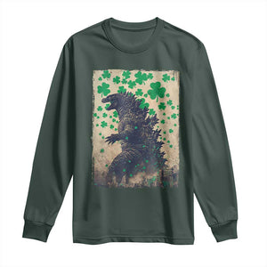 Funny St Patrick's Day Japanese Giant Monster Long Sleeve Shirt Vintage Shamrock TS11 Dark Forest Green Print Your Wear