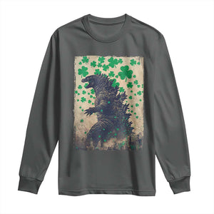 Funny St Patrick's Day Japanese Giant Monster Long Sleeve Shirt Vintage Shamrock TS11 Dark Heather Print Your Wear