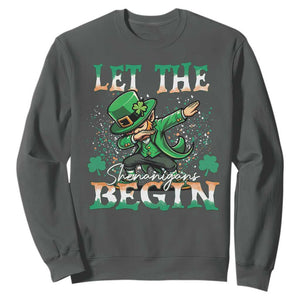 Funny Let The Shenanigans Begin Sweatshirt Dabbing Leprechaun St Patrick's Day TS11 Dark Heather Print Your Wear