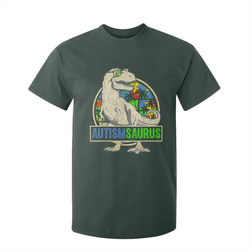 Funny Autism Awareness Dinosaur T Shirt For Kid Autismsaurus Puzzle Pieces TS11 Dark Forest Green Print Your Wear