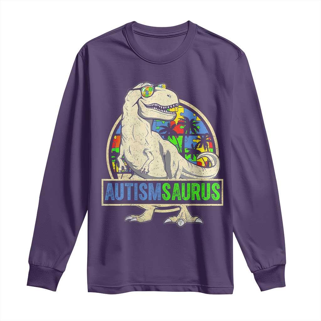 Funny Autism Awareness Dinosaur Long Sleeve Shirt Autismsaurus Puzzle Pieces TS11 Purple Print Your Wear