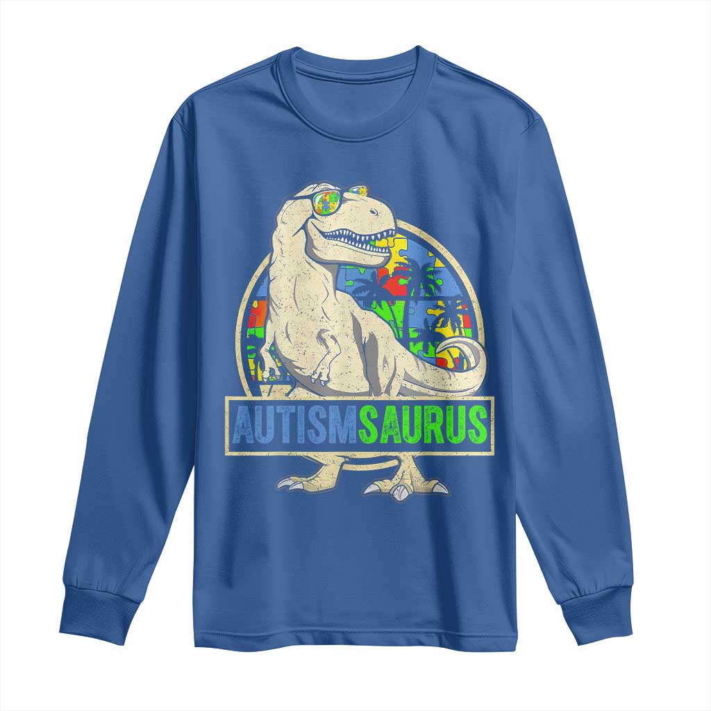 Funny Autism Awareness Dinosaur Long Sleeve Shirt Autismsaurus Puzzle Pieces TS11 Royal Blue Print Your Wear