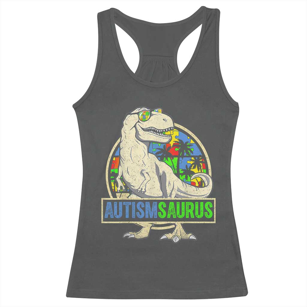 Funny Autism Awareness Dinosaur Racerback Tank Top Autismsaurus Puzzle Pieces TS11 Dark Heather Print Your Wear