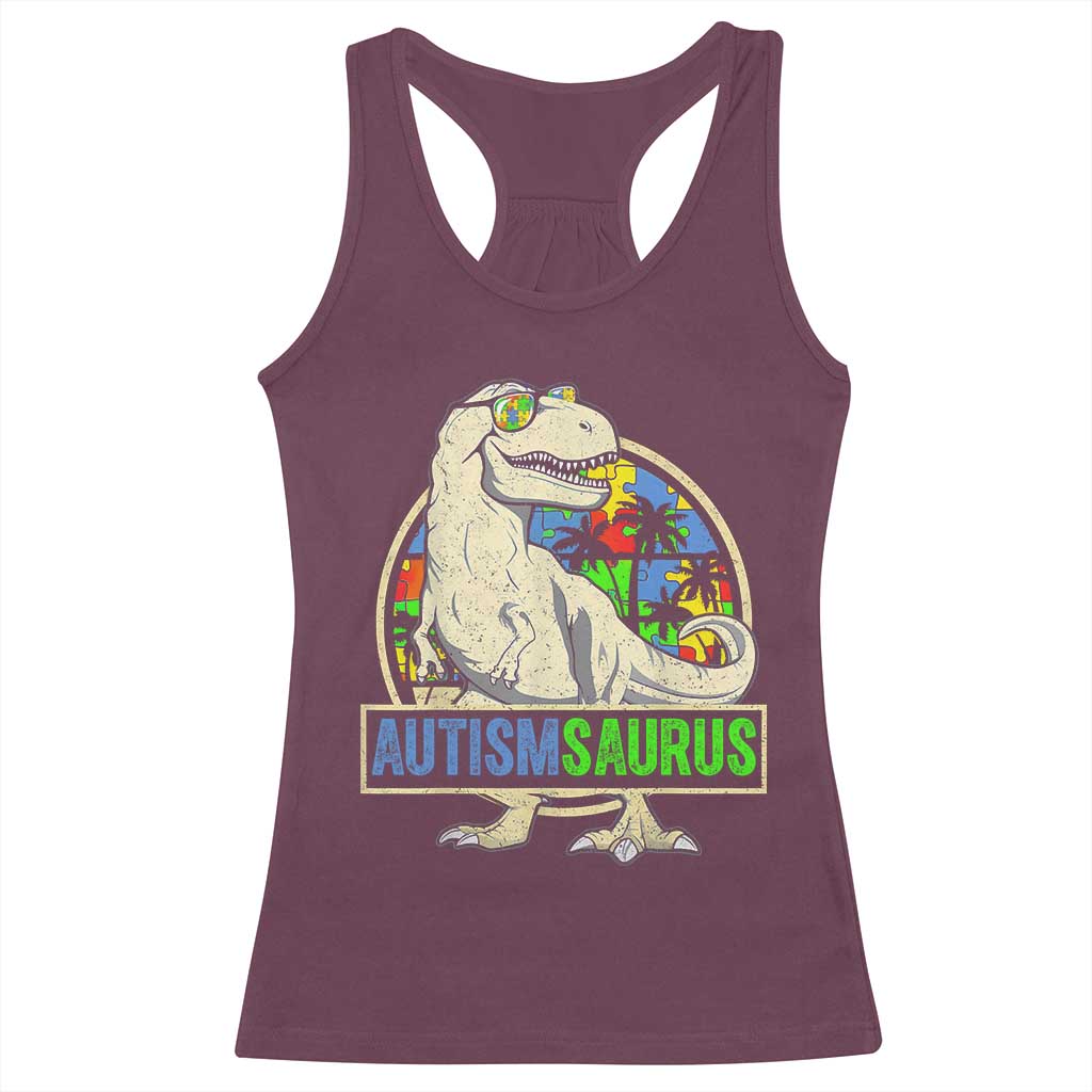 Funny Autism Awareness Dinosaur Racerback Tank Top Autismsaurus Puzzle Pieces TS11 Maroon Print Your Wear