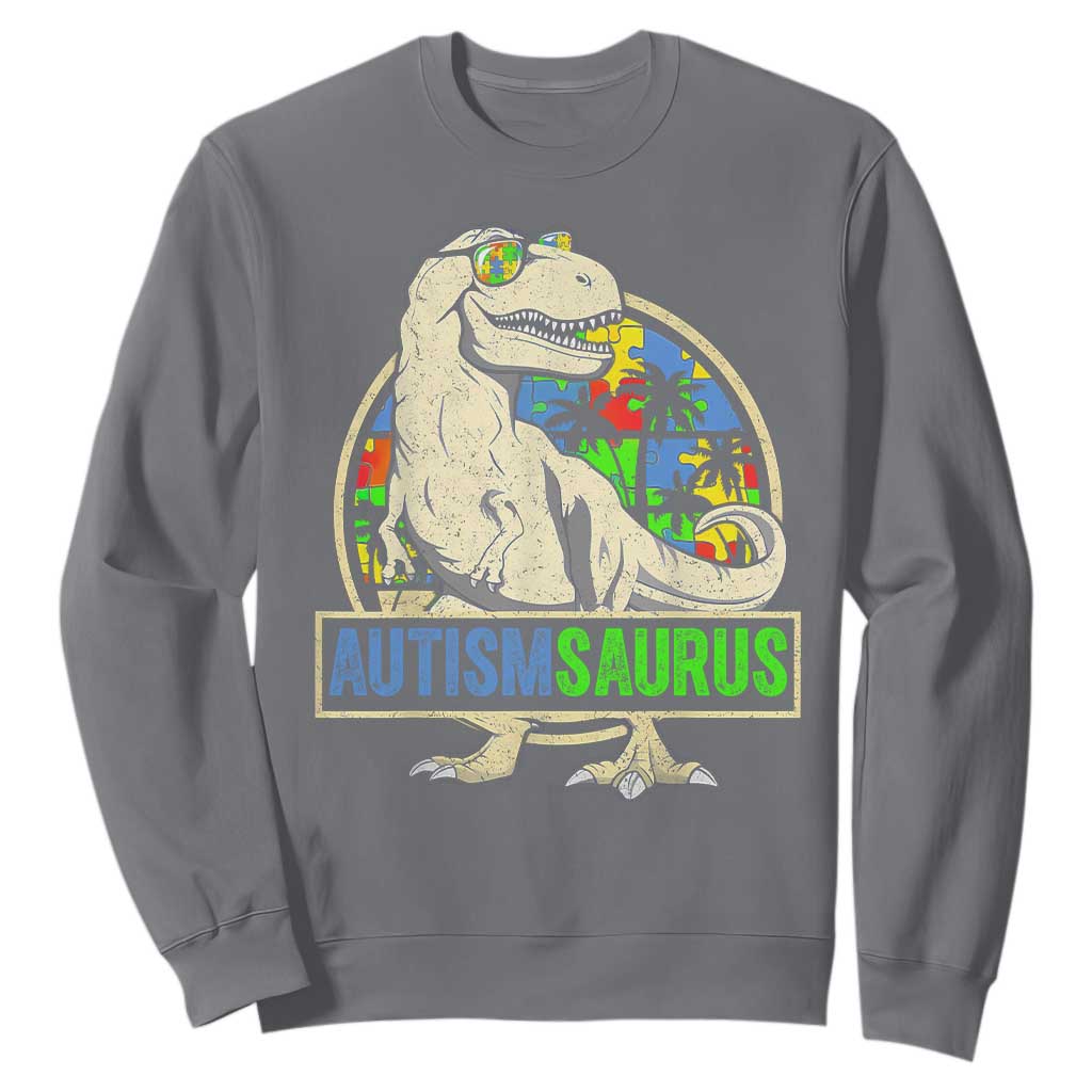 Funny Autism Awareness Dinosaur Sweatshirt Autismsaurus Puzzle Pieces TS11 Charcoal Print Your Wear