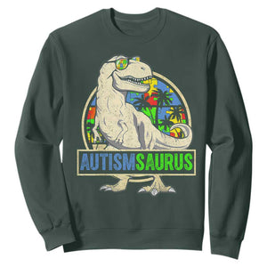 Funny Autism Awareness Dinosaur Sweatshirt Autismsaurus Puzzle Pieces TS11 Dark Forest Green Print Your Wear