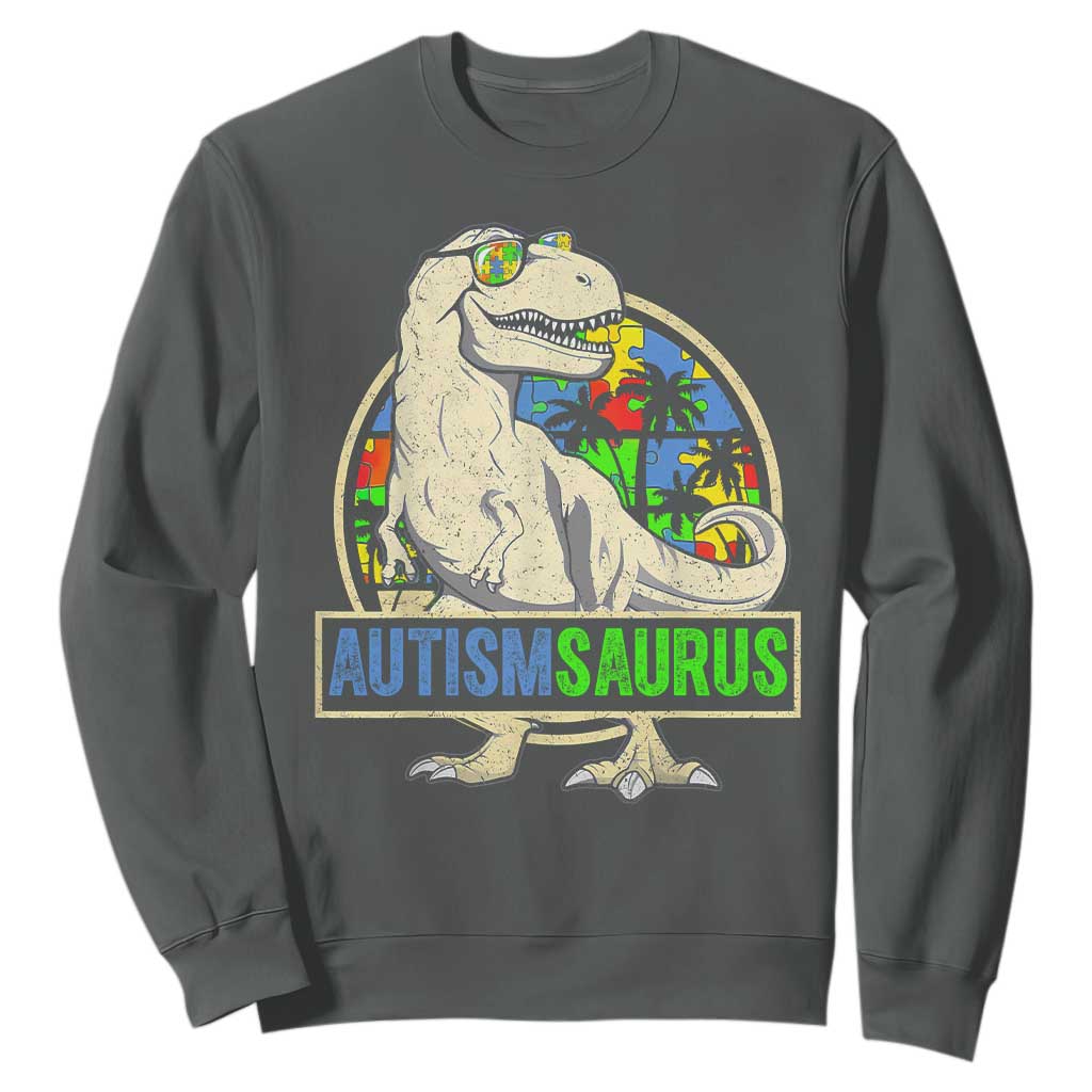 Funny Autism Awareness Dinosaur Sweatshirt Autismsaurus Puzzle Pieces TS11 Dark Heather Print Your Wear