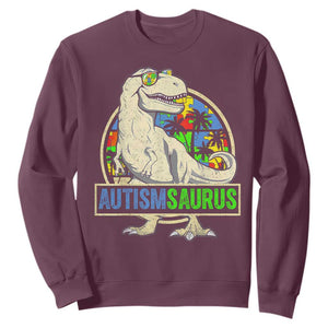 Funny Autism Awareness Dinosaur Sweatshirt Autismsaurus Puzzle Pieces TS11 Maroon Print Your Wear
