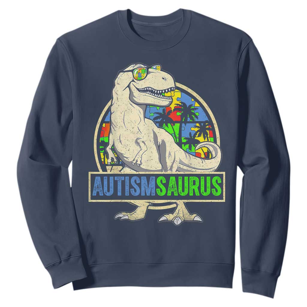 Funny Autism Awareness Dinosaur Sweatshirt Autismsaurus Puzzle Pieces TS11 Navy Print Your Wear