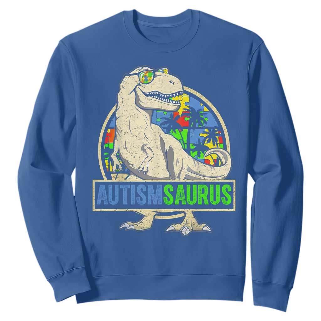 Funny Autism Awareness Dinosaur Sweatshirt Autismsaurus Puzzle Pieces TS11 Royal Blue Print Your Wear