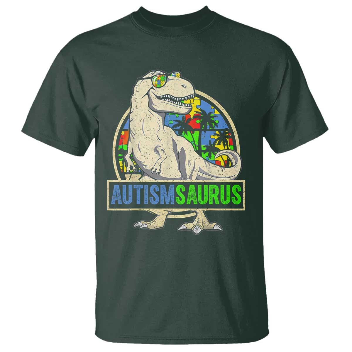Funny Autism Awareness Dinosaur T Shirt Autismsaurus Puzzle Pieces TS11 Dark Forest Green Print Your Wear