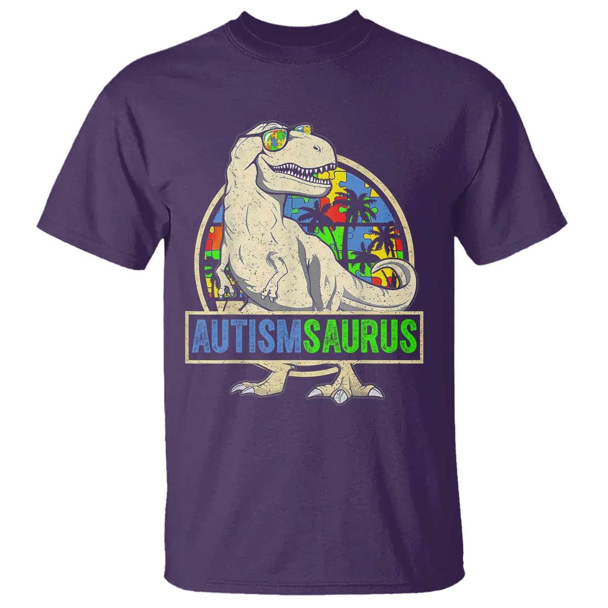 Funny Autism Awareness Dinosaur T Shirt Autismsaurus Puzzle Pieces TS11 Purple Print Your Wear